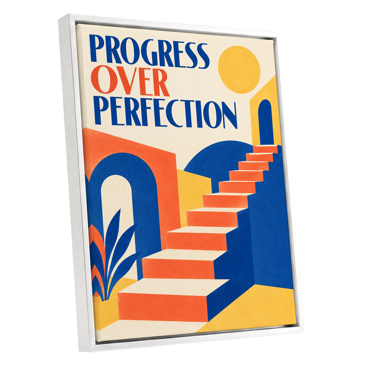 Steps Towards Progress, blue, orange, yellow abstract wall art shown as a white framed canvas wall art