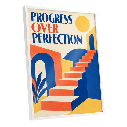 Steps Towards Progress, blue, orange, yellow abstract wall art shown as a white framed poster wall art print