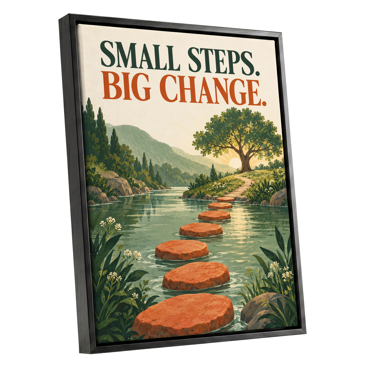 Steps Towards Sunrise, green, orange, beige nature wall art shown as a black framed canvas wall art