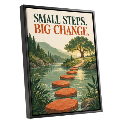 Steps Towards Sunrise, green, orange, beige nature wall art shown as a black framed canvas wall art