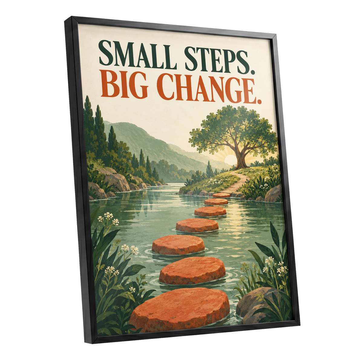 Steps Towards Sunrise, green, orange, beige nature wall art shown as a black framed poster wall art print
