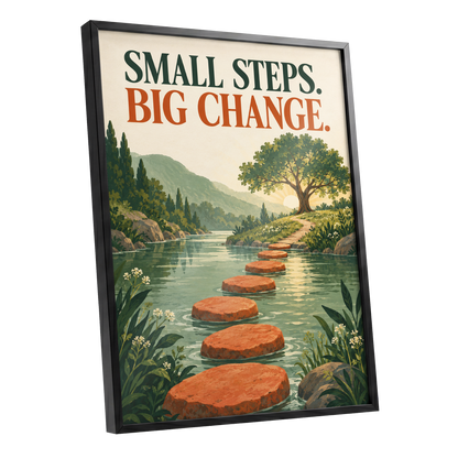 Steps Towards Sunrise, green, orange, beige nature wall art shown as a black framed poster wall art print