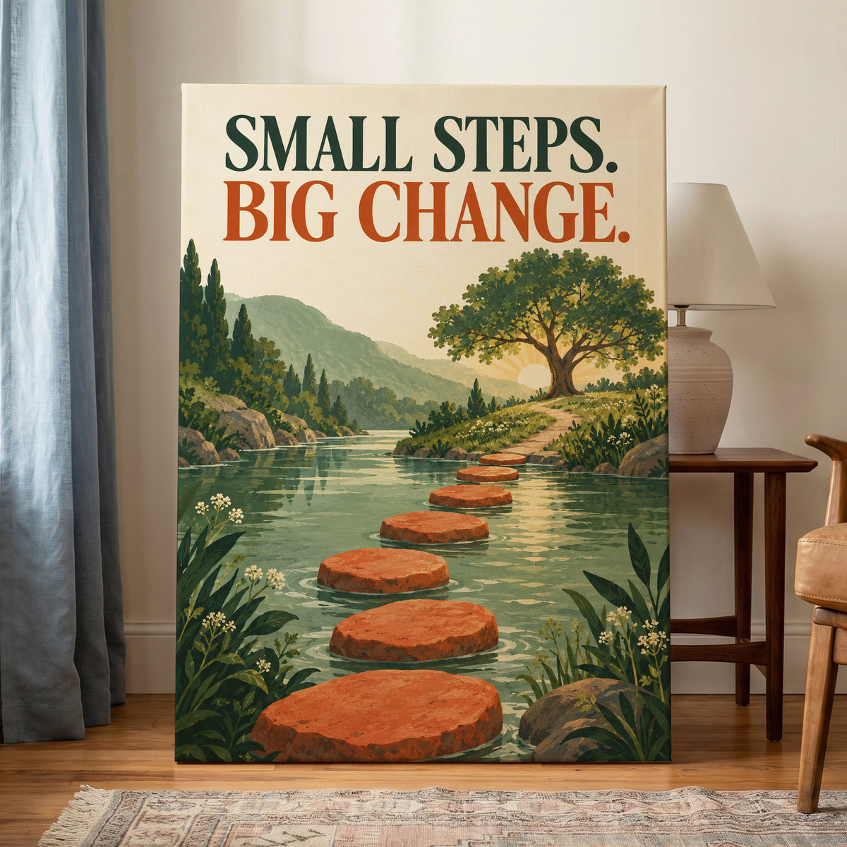 Steps Towards Sunrise, green, orange, beige nature wall art on canvas displayed in a styled interior, gallery view 1