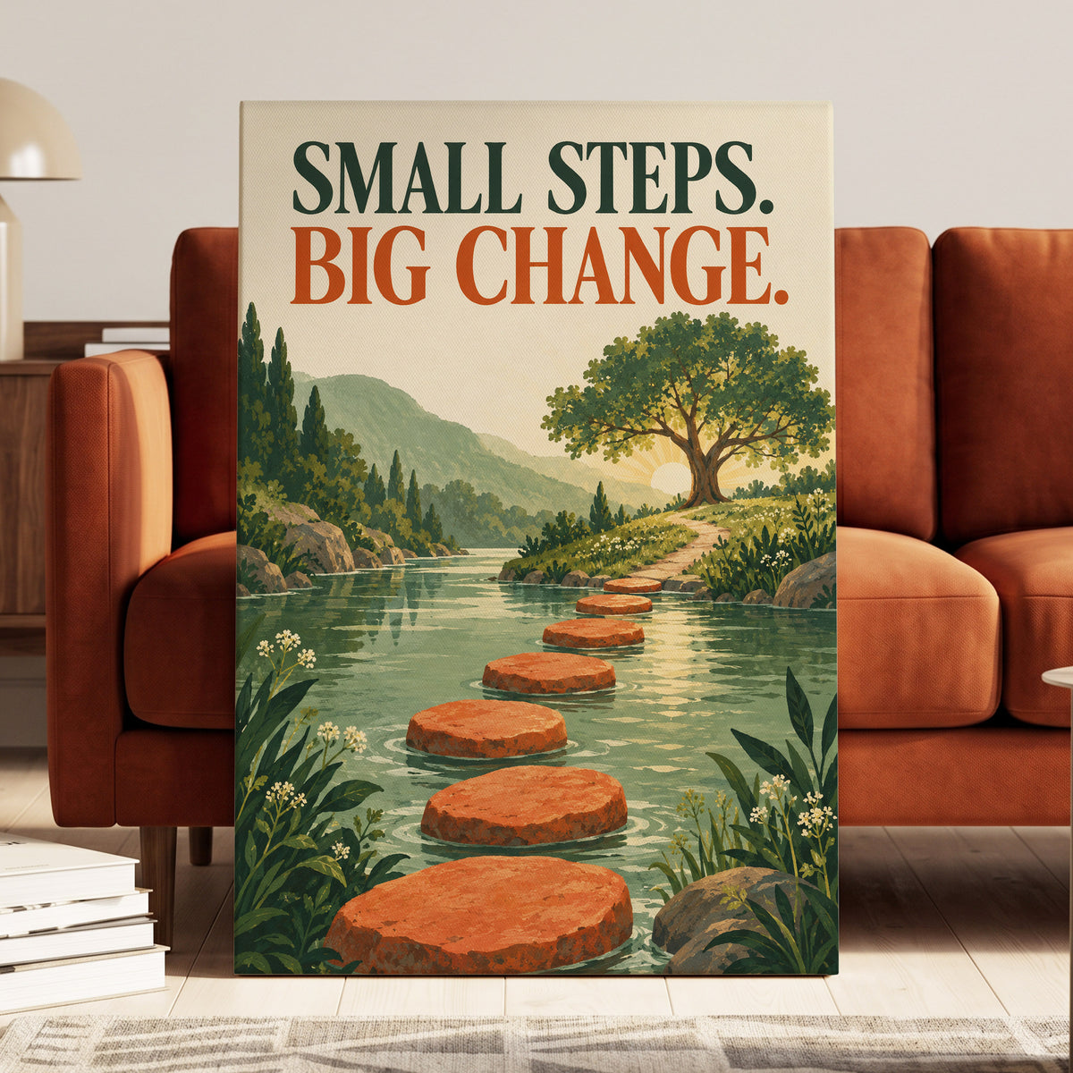 Steps Towards Sunrise, green, orange, beige nature wall art on canvas displayed in a styled interior, gallery view 2