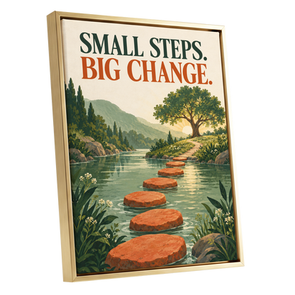 Steps Towards Sunrise, green, orange, beige nature wall art shown as a gold framed canvas wall art