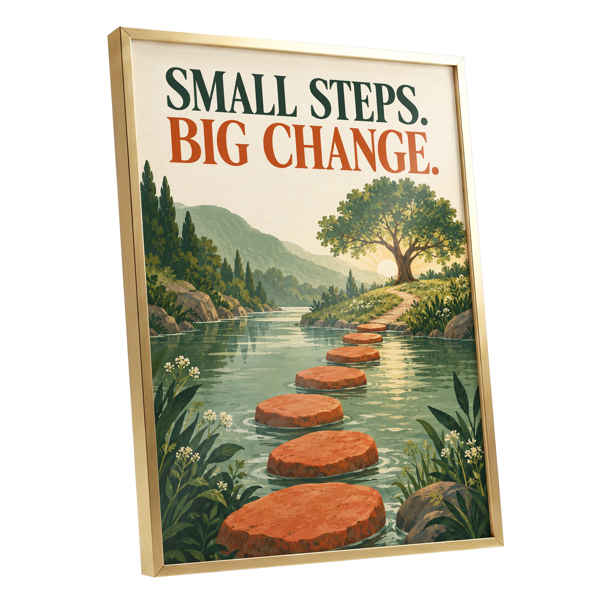 Steps Towards Sunrise, green, orange, beige nature wall art shown as a gold framed poster wall art print