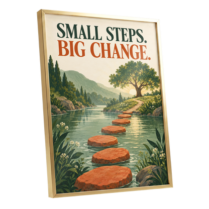 Steps Towards Sunrise, green, orange, beige nature wall art shown as a gold framed poster wall art print