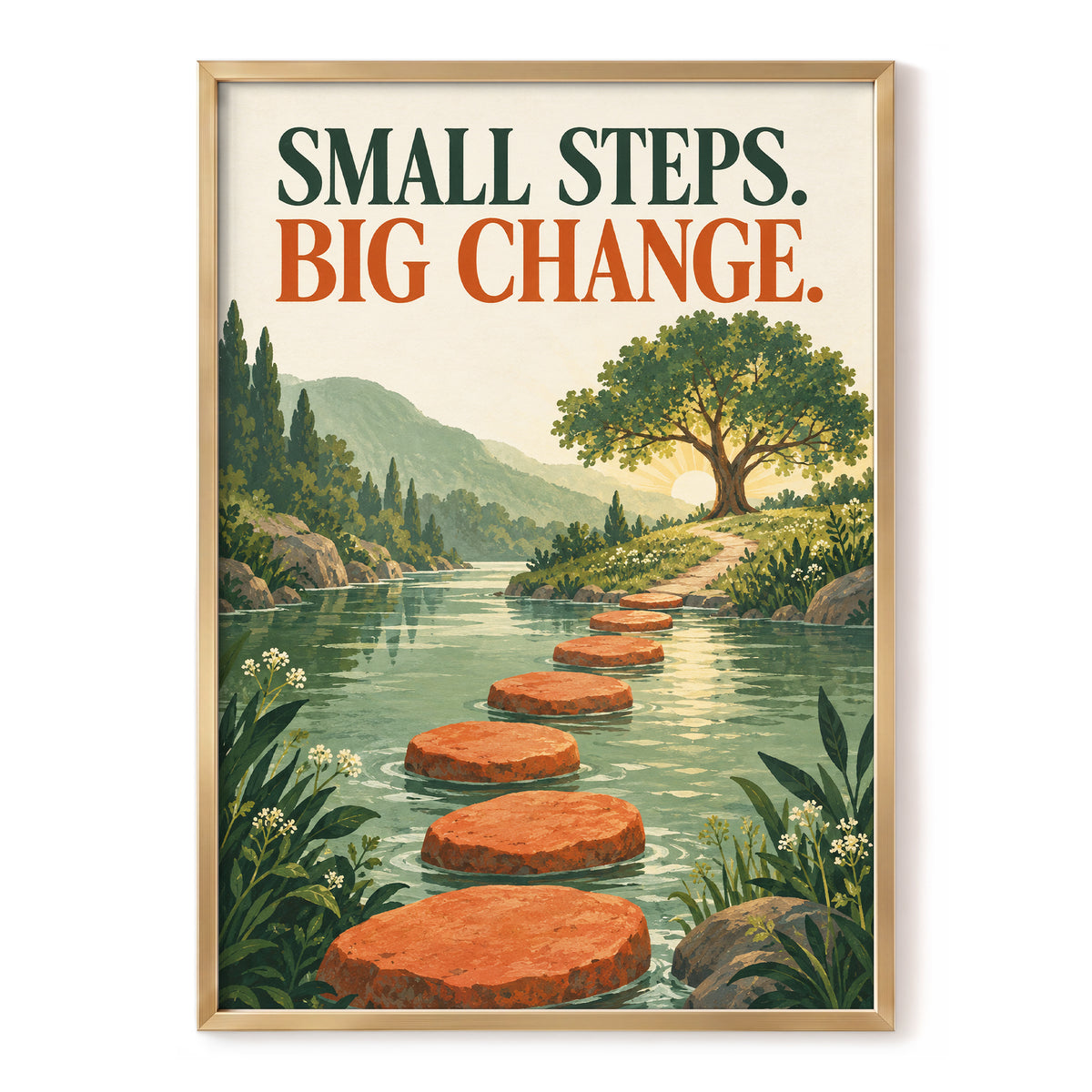 Steps Towards Sunrise, green, orange, beige nature wall art, front artwork view