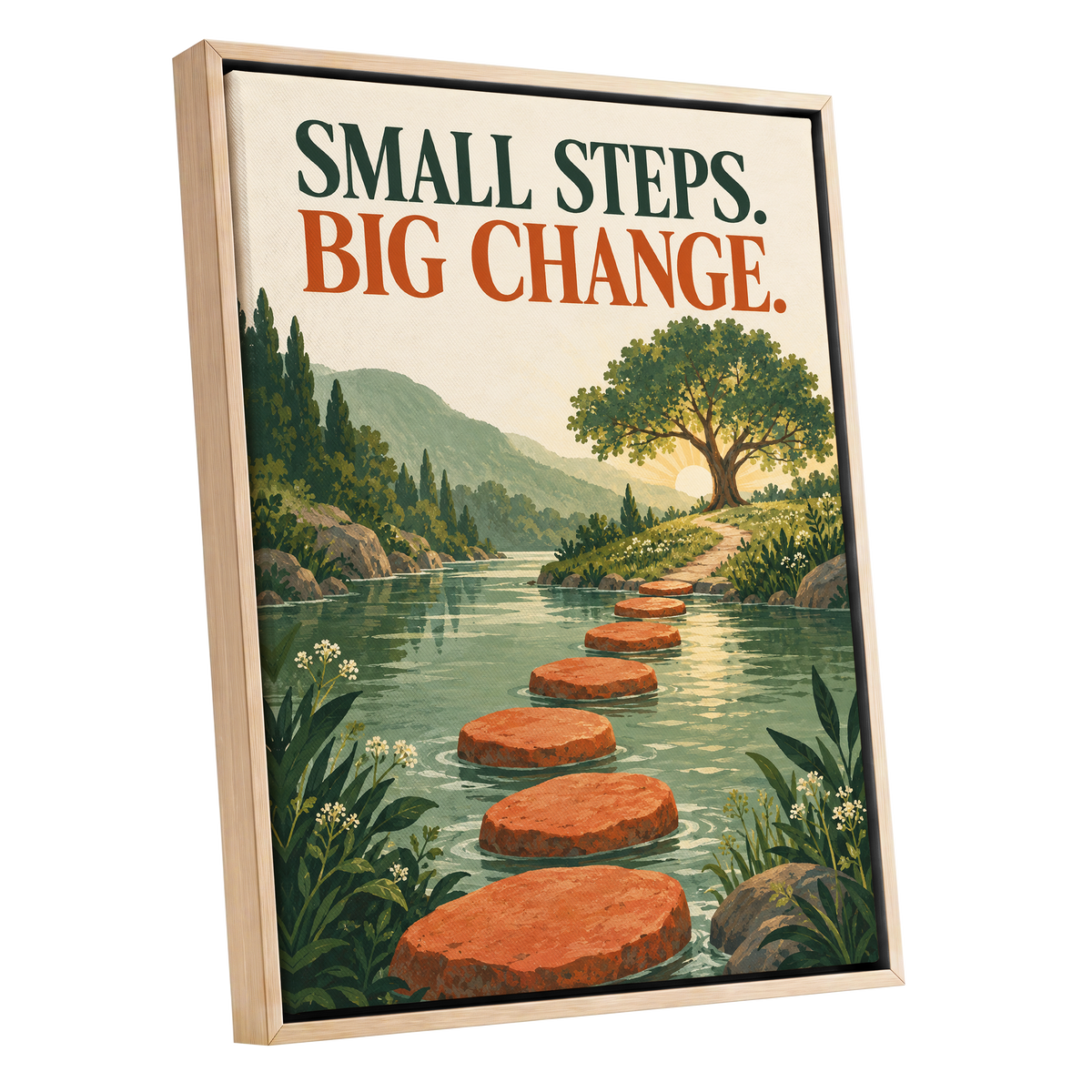 Steps Towards Sunrise, green, orange, beige nature wall art shown as a oak framed canvas wall art