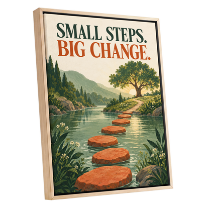 Steps Towards Sunrise, green, orange, beige nature wall art shown as a oak framed canvas wall art