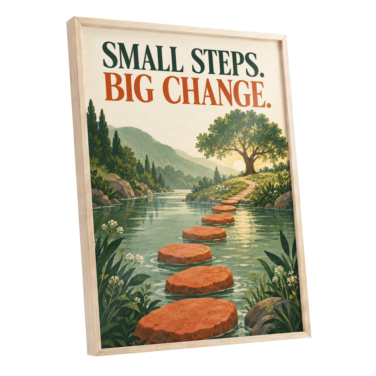 Steps Towards Sunrise, green, orange, beige nature wall art shown as a oak framed poster wall art print