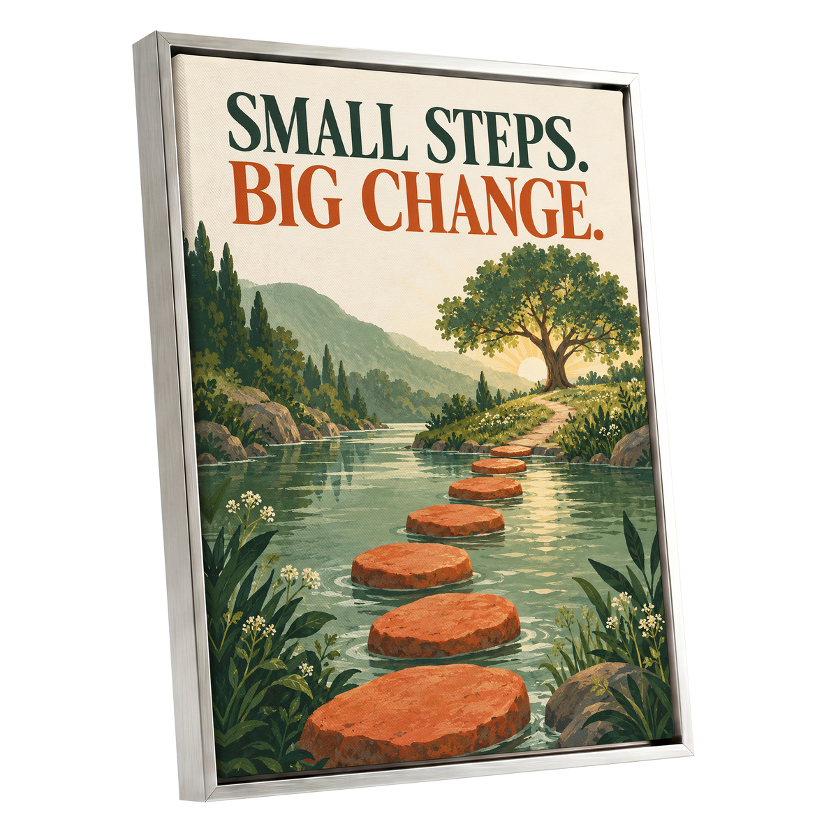 Steps Towards Sunrise, green, orange, beige nature wall art shown as a silver framed canvas wall art