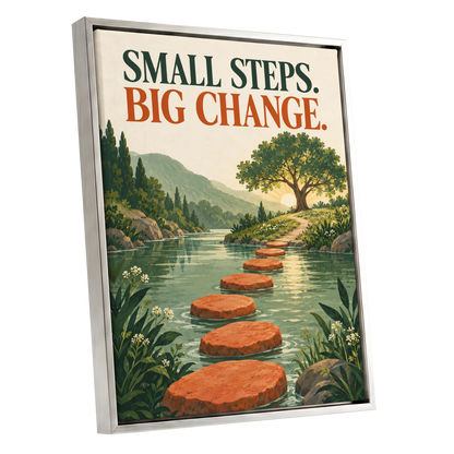 Steps Towards Sunrise, green, orange, beige nature wall art shown as a silver framed canvas wall art