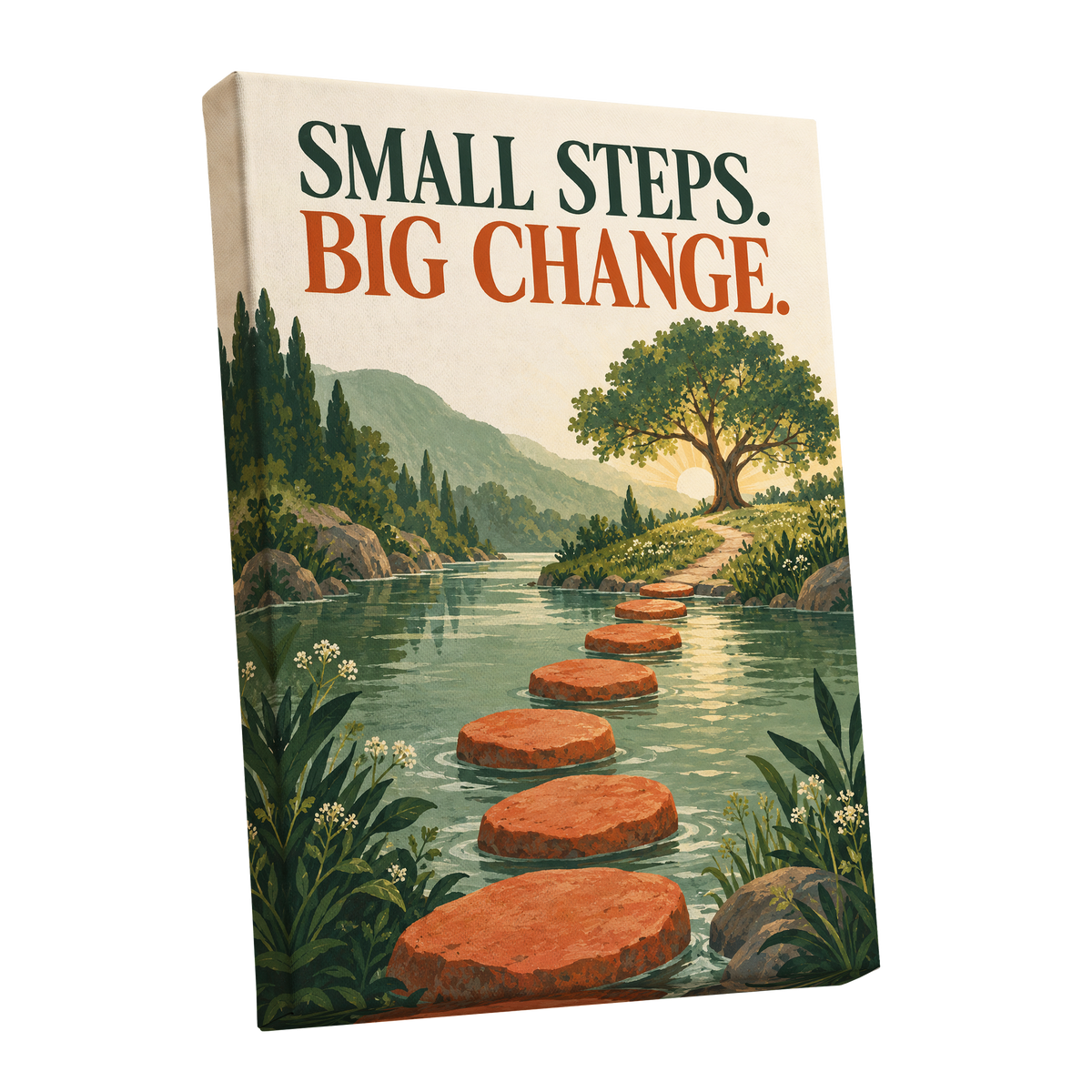 Steps Towards Sunrise, green, orange, beige nature wall art shown as a stretched canvas wall art