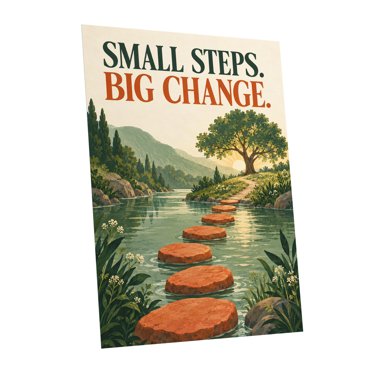 Steps Towards Sunrise, green, orange, beige nature wall art shown as a unframed poster wall art print
