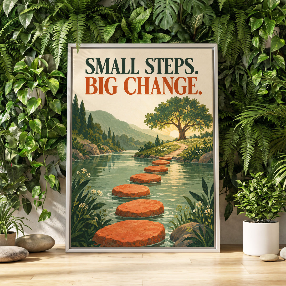 Steps Towards Sunrise, green, orange, beige nature wall art displayed in a styled interior, gallery view 1