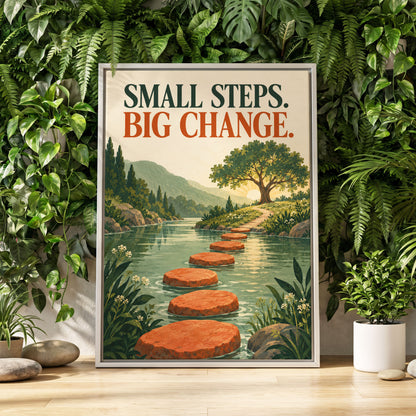Steps Towards Sunrise, green, orange, beige nature wall art displayed in a styled interior, gallery view 1