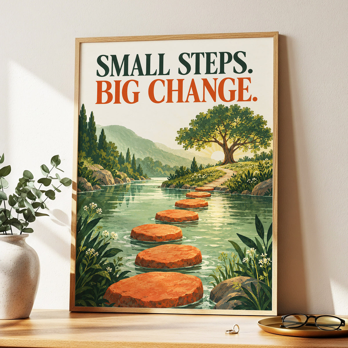 Steps Towards Sunrise, green, orange, beige nature wall art displayed in a styled interior, gallery view 2