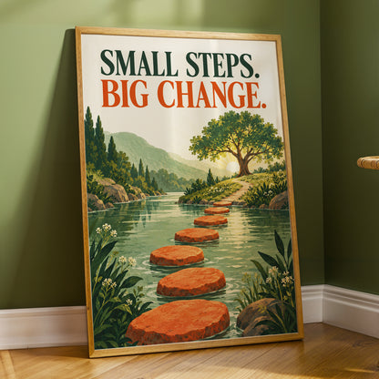 Steps Towards Sunrise, green, orange, beige nature wall art displayed in a styled interior, gallery view 3