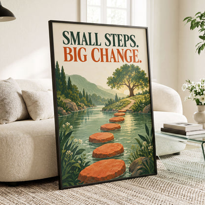 Steps Towards Sunrise, green, orange, beige nature wall art displayed in a styled interior, gallery view 4