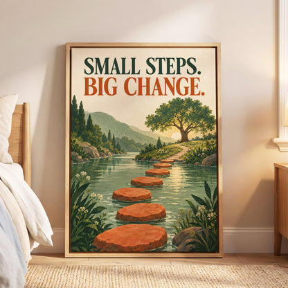 Steps Towards Sunrise, green, orange, beige nature wall art displayed in a styled interior, gallery view 6