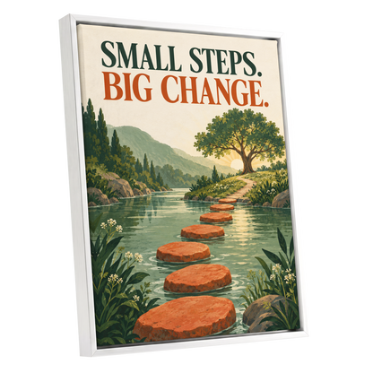 Steps Towards Sunrise, green, orange, beige nature wall art shown as a white framed canvas wall art