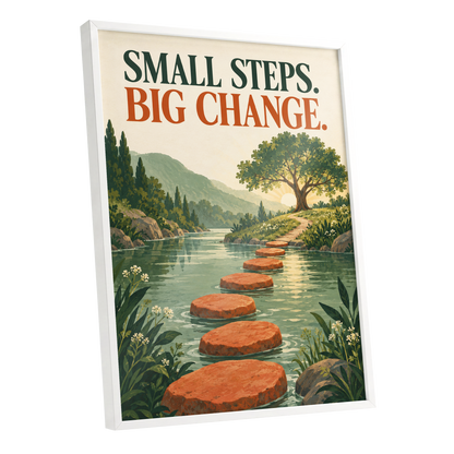 Steps Towards Sunrise, green, orange, beige nature wall art shown as a white framed poster wall art print