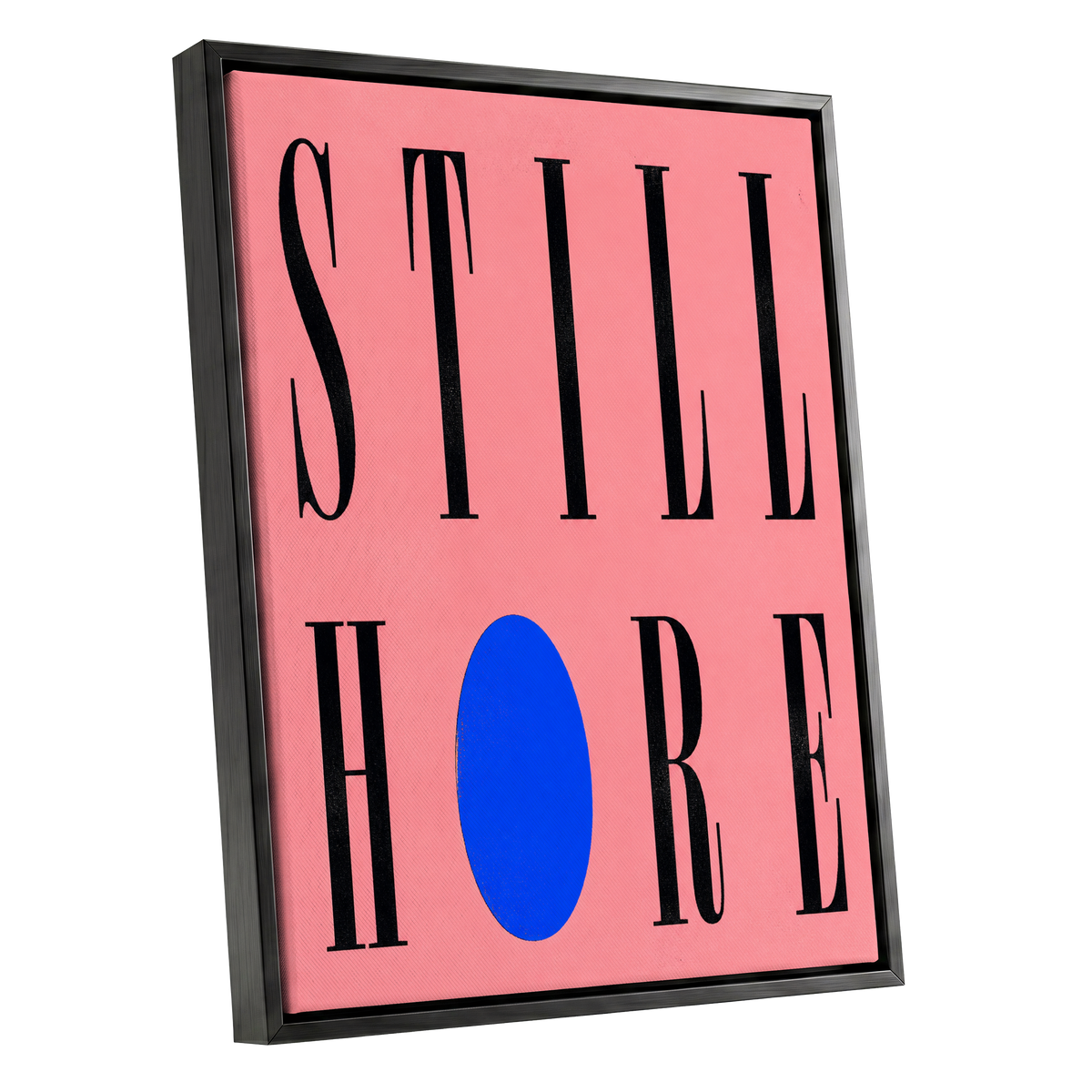 Still Here in Blue, black, pink, blue minimalist wall art shown as a black framed canvas wall art