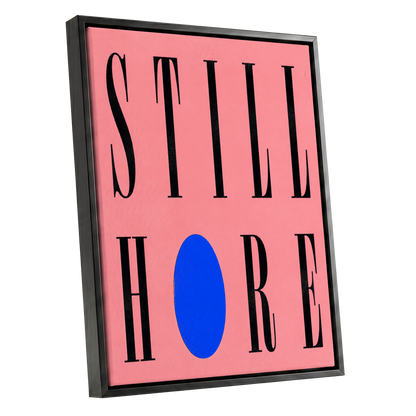 Still Here in Blue, black, pink, blue minimalist wall art shown as a black framed canvas wall art