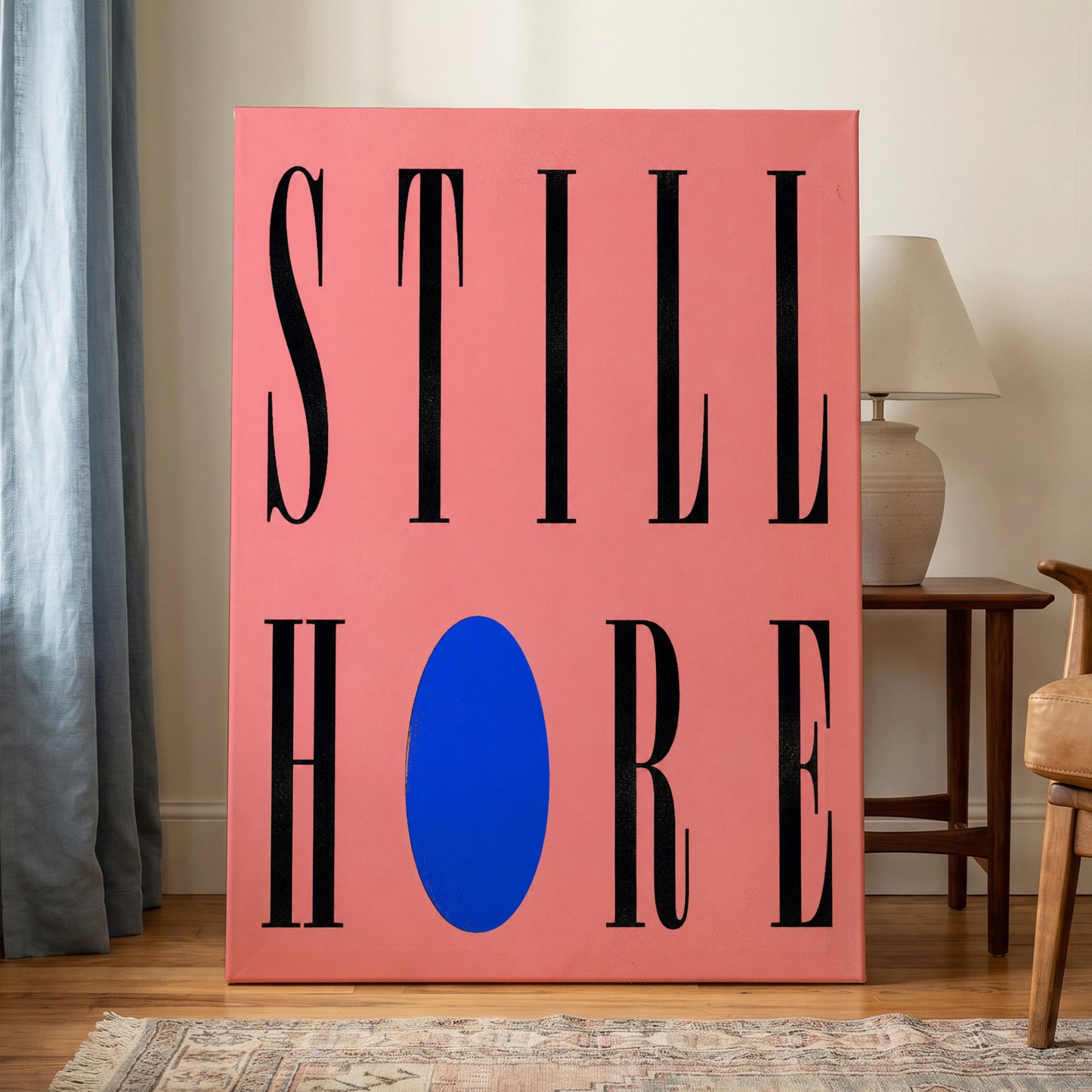 Still Here in Blue, black, pink, blue minimalist wall art on canvas displayed in a styled interior, gallery view 1