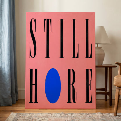 Still Here in Blue, black, pink, blue minimalist wall art on canvas displayed in a styled interior, gallery view 1