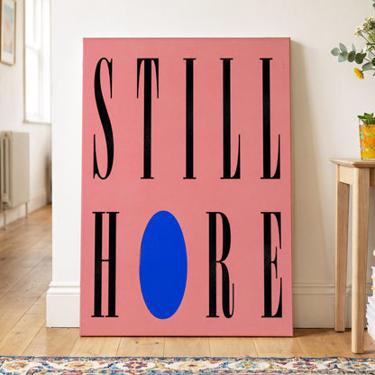 Still Here in Blue, black, pink, blue minimalist wall art on canvas displayed in a styled interior, gallery view 2