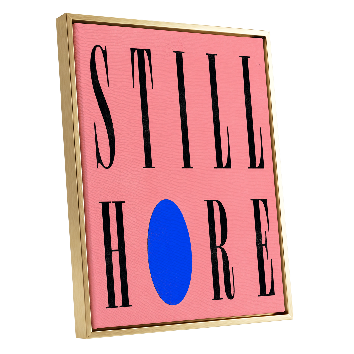 Still Here in Blue, black, pink, blue minimalist wall art shown as a gold framed canvas wall art