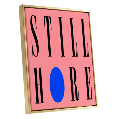 Still Here in Blue, black, pink, blue minimalist wall art shown as a gold framed canvas wall art