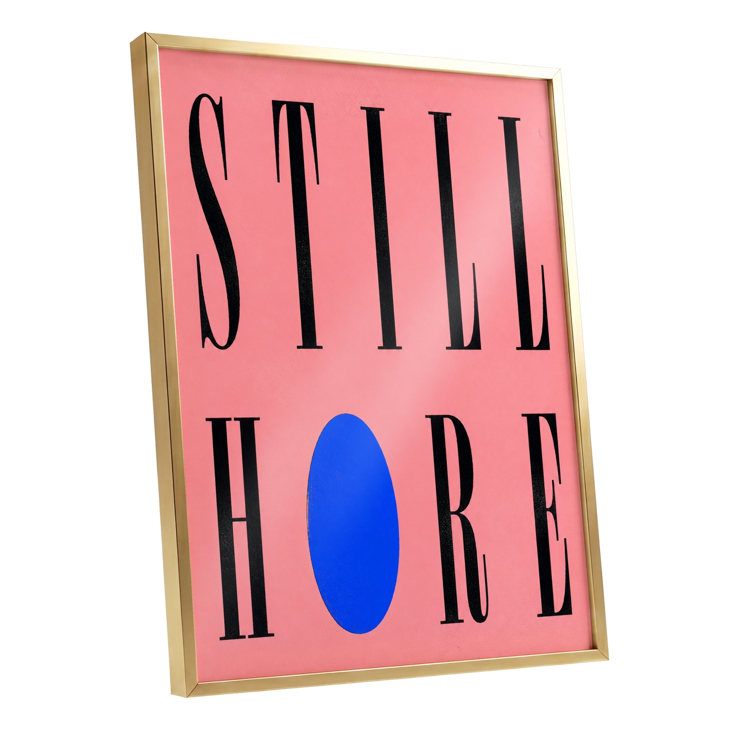 Still Here in Blue, black, pink, blue minimalist wall art shown as a gold framed poster wall art print