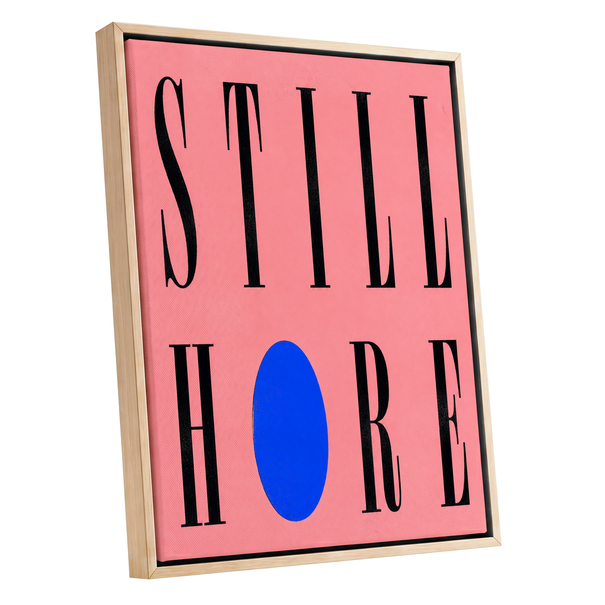 Still Here in Blue, black, pink, blue minimalist wall art shown as a oak framed canvas wall art