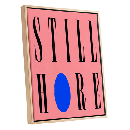 Still Here in Blue, black, pink, blue minimalist wall art shown as a oak framed canvas wall art