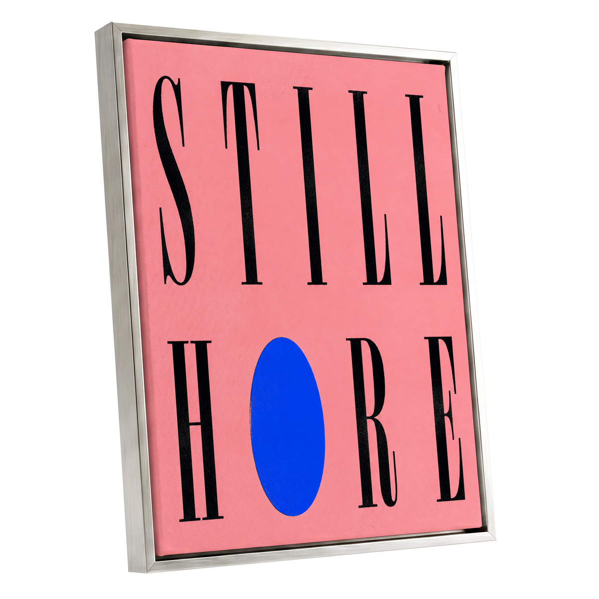 Still Here in Blue, black, pink, blue minimalist wall art shown as a silver framed canvas wall art