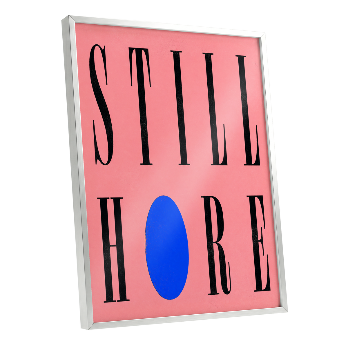 Still Here in Blue, black, pink, blue minimalist wall art shown as a silver framed poster wall art print
