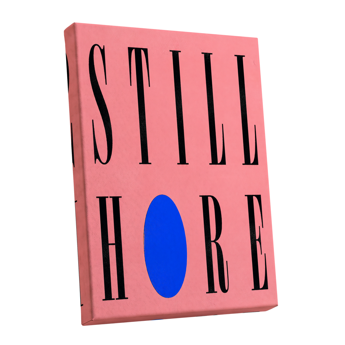 Still Here in Blue, black, pink, blue minimalist wall art shown as a stretched canvas wall art