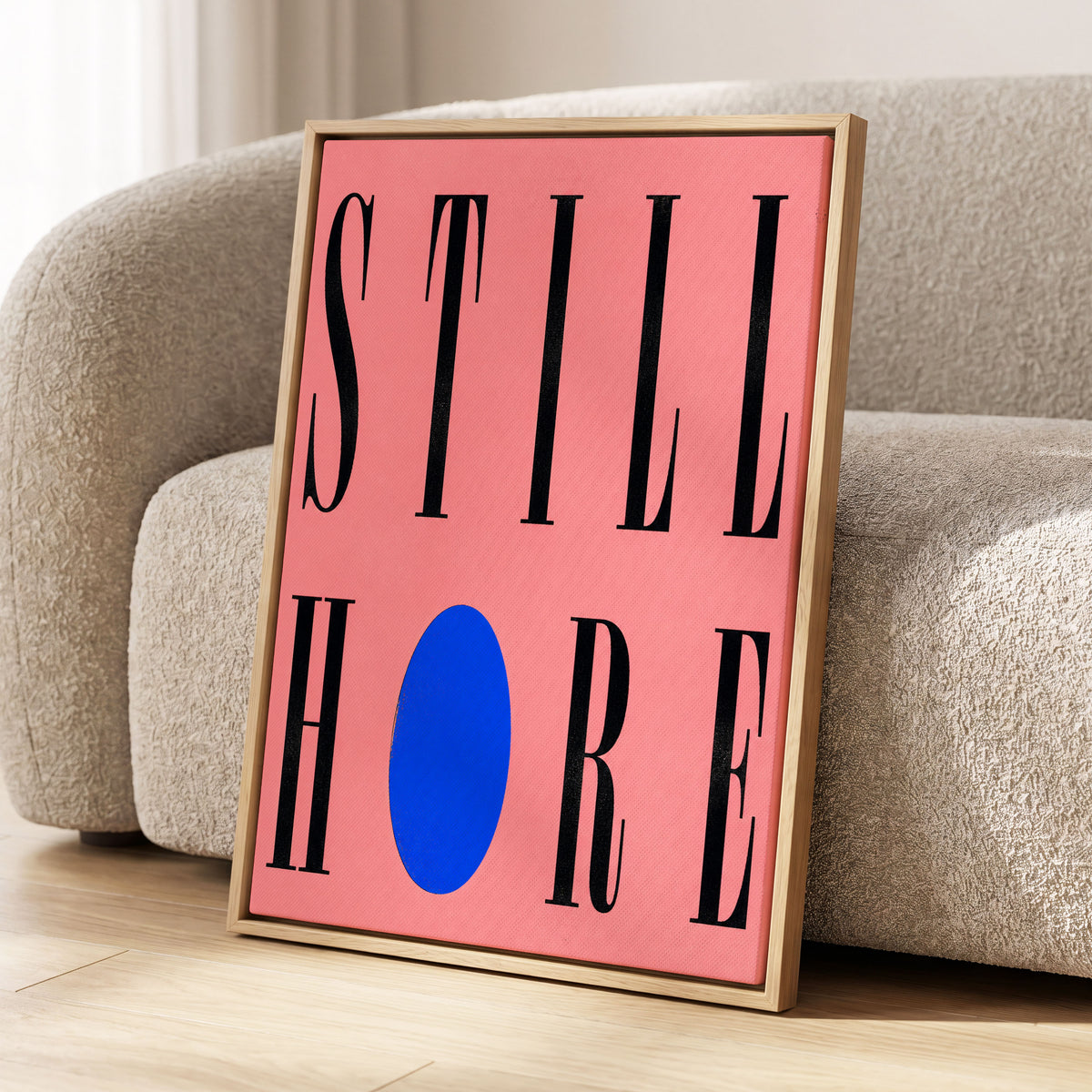 Still Here in Blue, black, pink, blue minimalist wall art displayed in a styled interior, gallery view 2