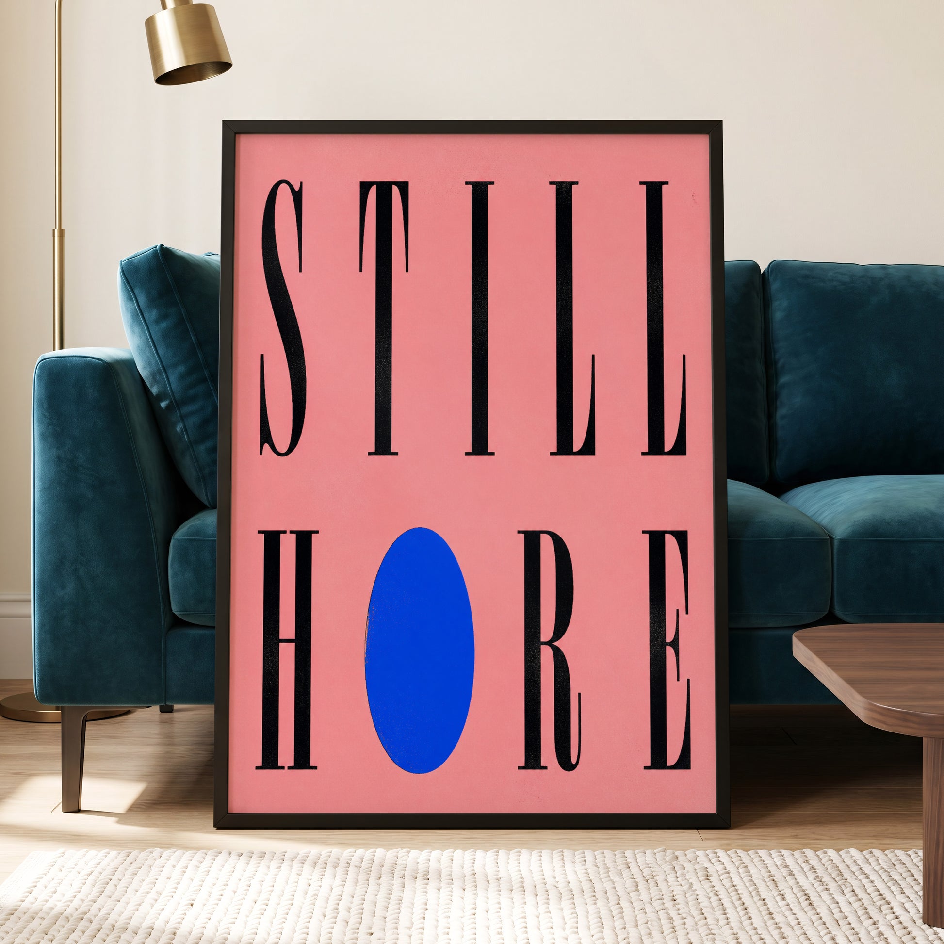 Still Here in Blue, black, pink, blue minimalist wall art displayed in a styled interior, gallery view 6