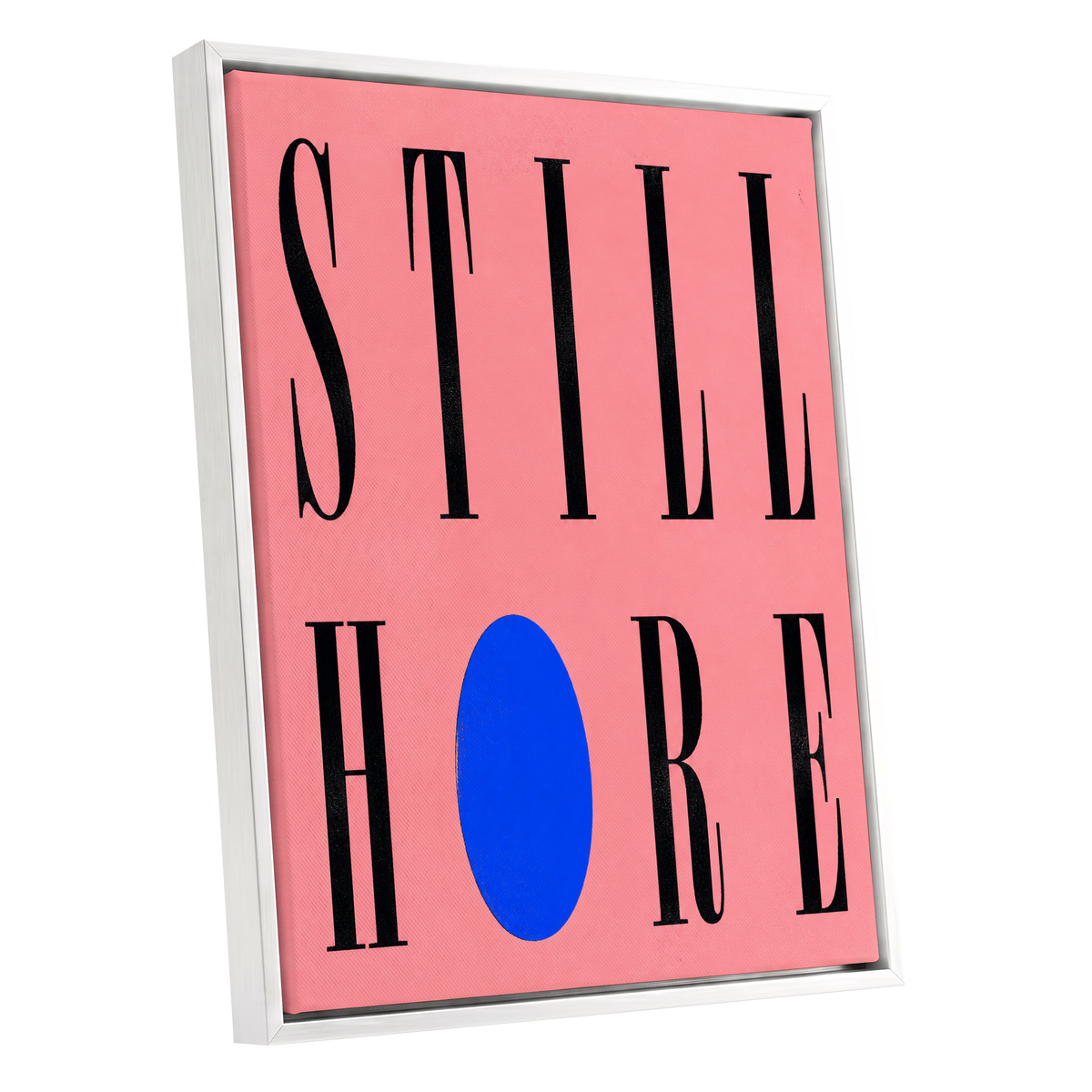 Still Here in Blue, black, pink, blue minimalist wall art shown as a white framed canvas wall art