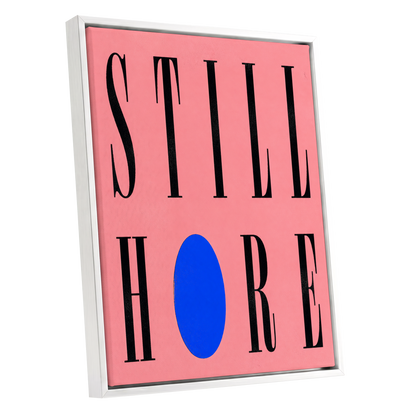 Still Here in Blue, black, pink, blue minimalist wall art shown as a white framed canvas wall art
