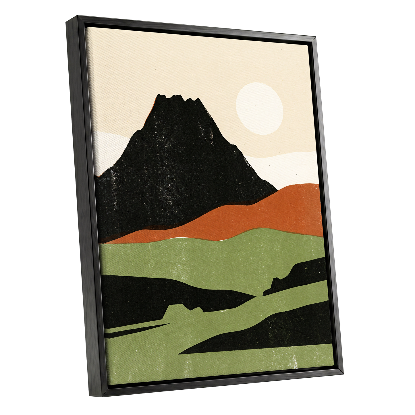 Still Mountain Sun, black, green, beige nature wall art shown as a black framed canvas wall art