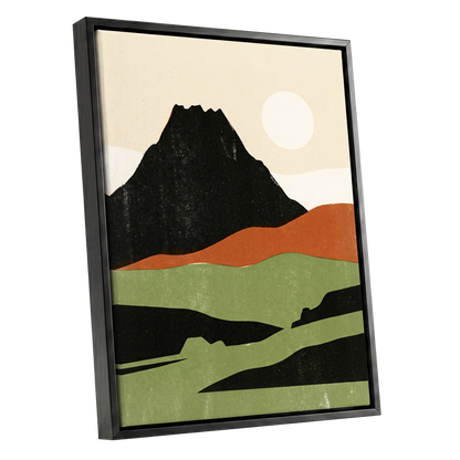 Still Mountain Sun, black, green, beige nature wall art shown as a black framed canvas wall art