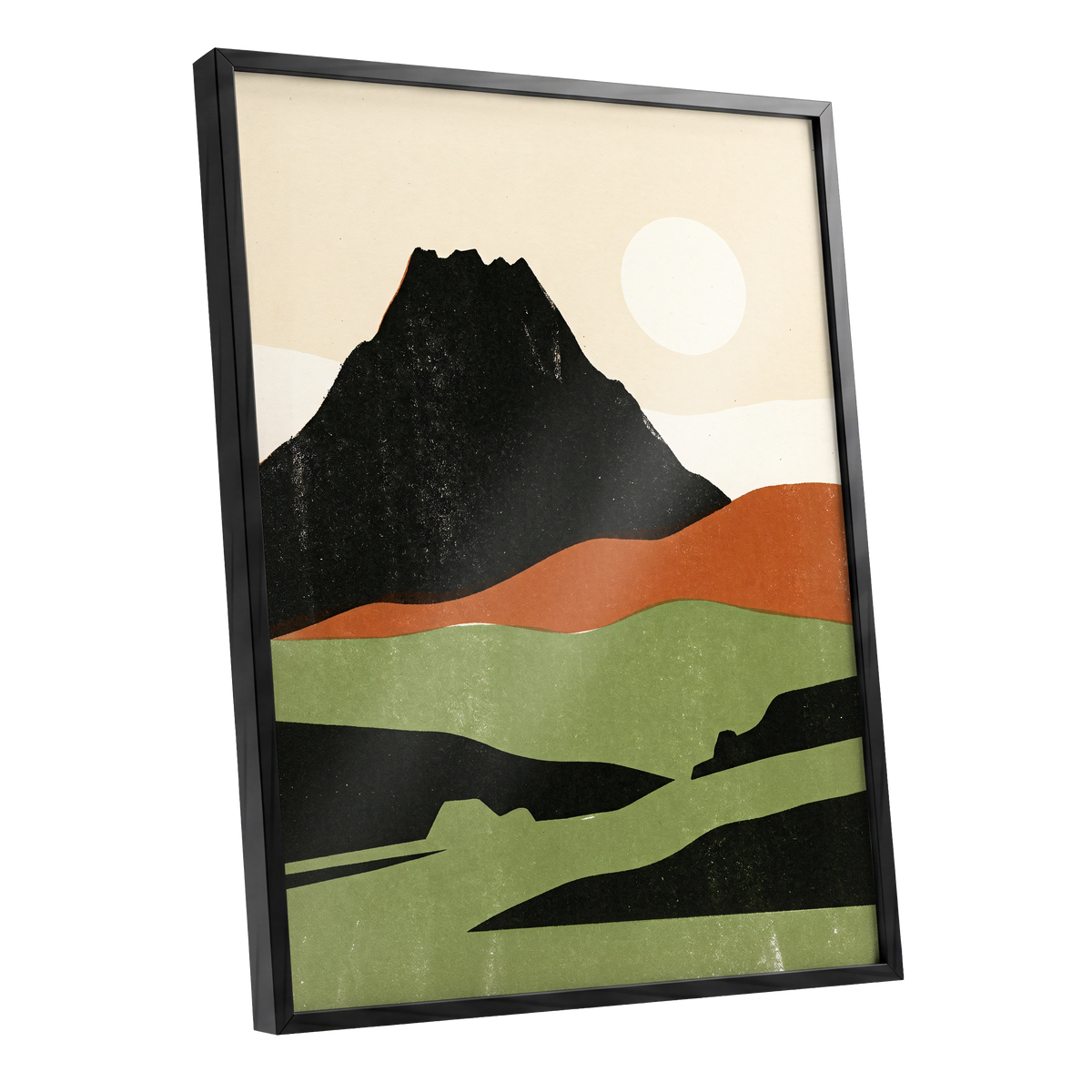 Still Mountain Sun, black, green, beige nature wall art shown as a black framed poster wall art print