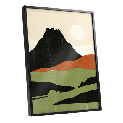 Still Mountain Sun, black, green, beige nature wall art shown as a black framed poster wall art print