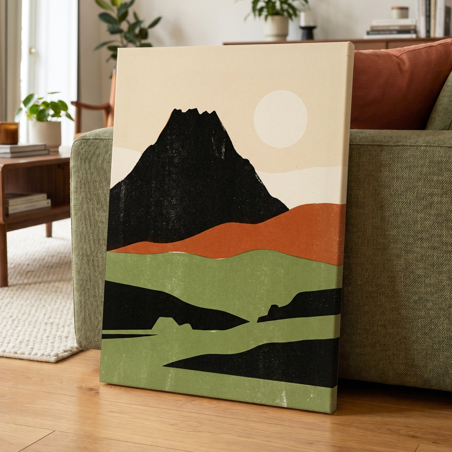 Still Mountain Sun, black, green, beige nature wall art on canvas displayed in a styled interior, gallery view 1