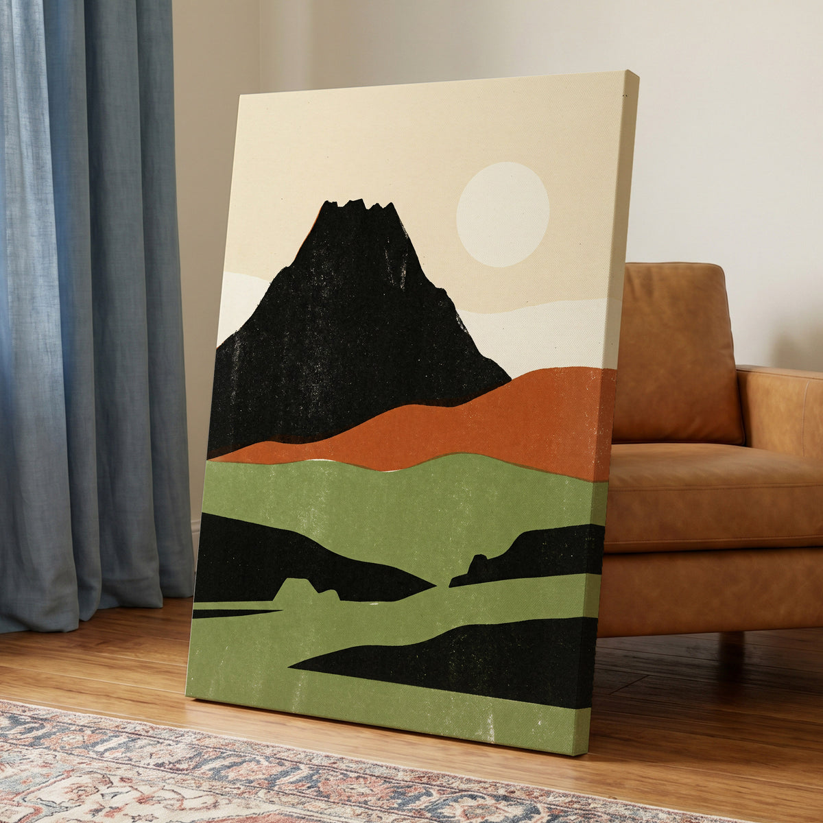 Still Mountain Sun, black, green, beige nature wall art on canvas displayed in a styled interior, gallery view 2